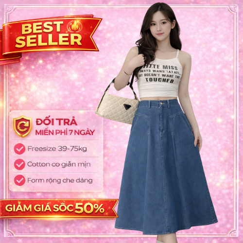 Chân váy xếp ly nữ jean dáng dài cạp cao tôn dáng, chân váy bò xanh xoè hottrend CVD63