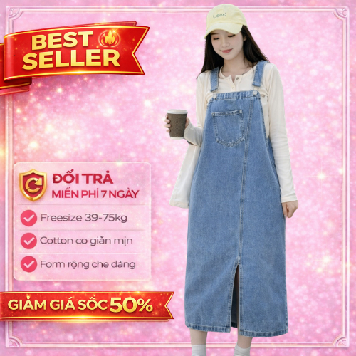 Yếm váy jean nữ dáng dài xẻ trước phối túi lớn trước ngực dịu dàng nữ tính phong cách Hàn Quốc LYLIN-STORE