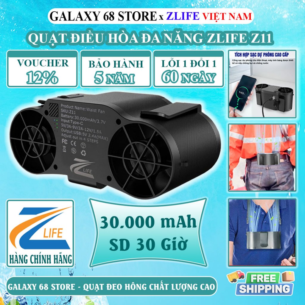 Quạt Đeo Thắt Lưng Điều Hoà Chính Hãng Zlife Z11 30000mAh, 2 Luồng Gió Mạnh, Đeo Cổ, Cầm Tay