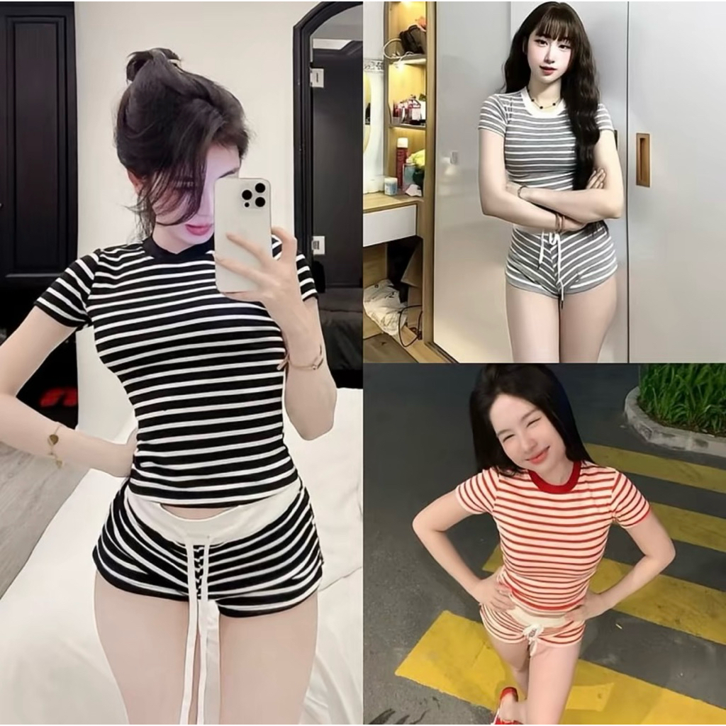 Set Bộ Nữ , Set Bộ Thun Cotton Phối Quần Ngắn Dáng Ôm