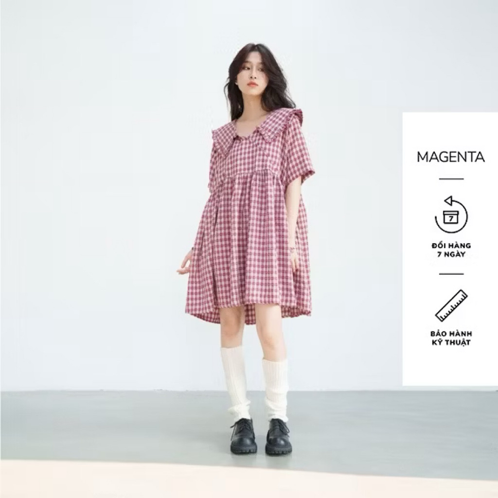 Pass Đầm váy Magenta Remi dáng baby doll vải cotton dệt nổi kẻ vuông