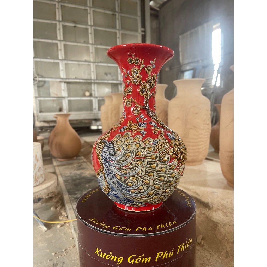 Bình Hút Tài Lộc phong thủy - Lọ Hoa Decor - Gốm sứ Bát Tràng cao cấp, màu đỏ may mắn. size 60cm