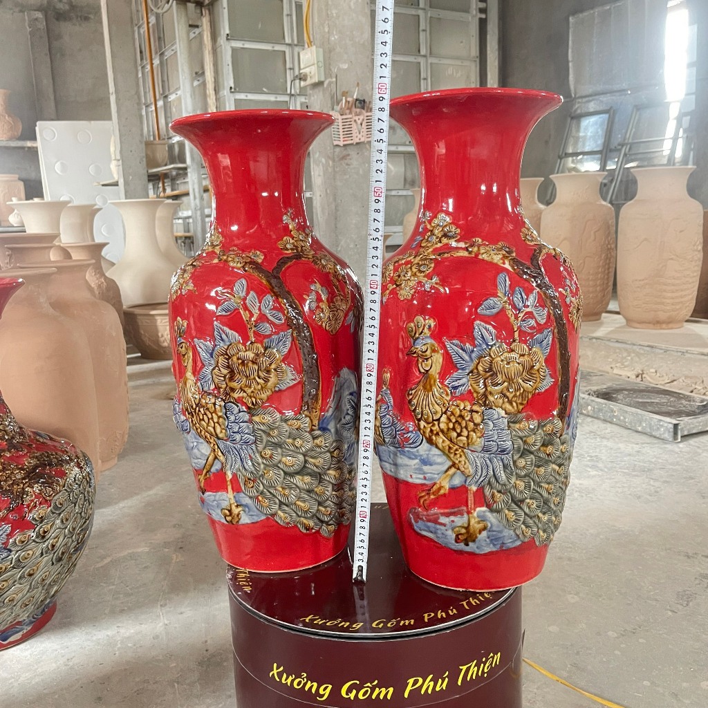 Một đôi Lọ Lộc Bình -Tài Lộc phong thủy - Lọ Hoa Decor - Gốm sứ Bát Tràng cao cấp, màu đỏ may mắn. s