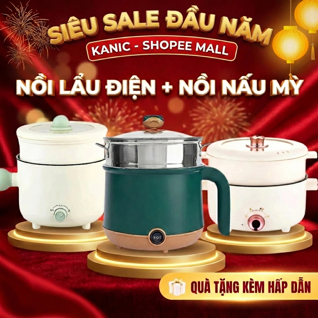 Nồi lẩu điện mini nấu mì 2 tầng KANIC kèm giá hấp đa năng, nướng, luộc, chiên, chống dính vấn đá tiện lợi