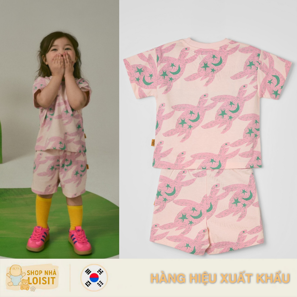 [Size 90-100-110-120-130-140] Bộ Cộc Tay Bé Gái Hoatatau Họa Tiết Rùa Hồng - Hàng Xuất Dư Full Tem T