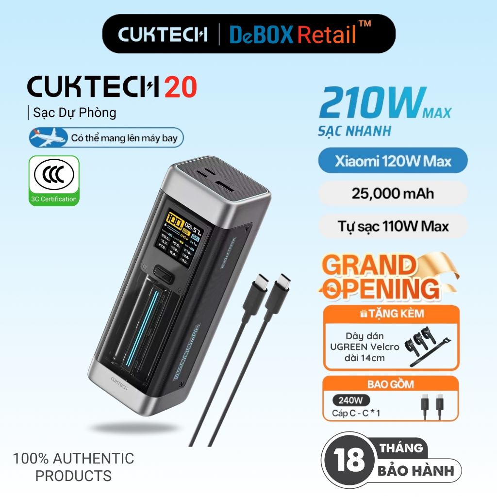 Pin Sạc Dự Phòng CUKTECH 20 Sạc Nhanh 210W 25000mAh Hỗ Trợ Xiaomi 120W Laptop 140W Samsung 45W iP17/