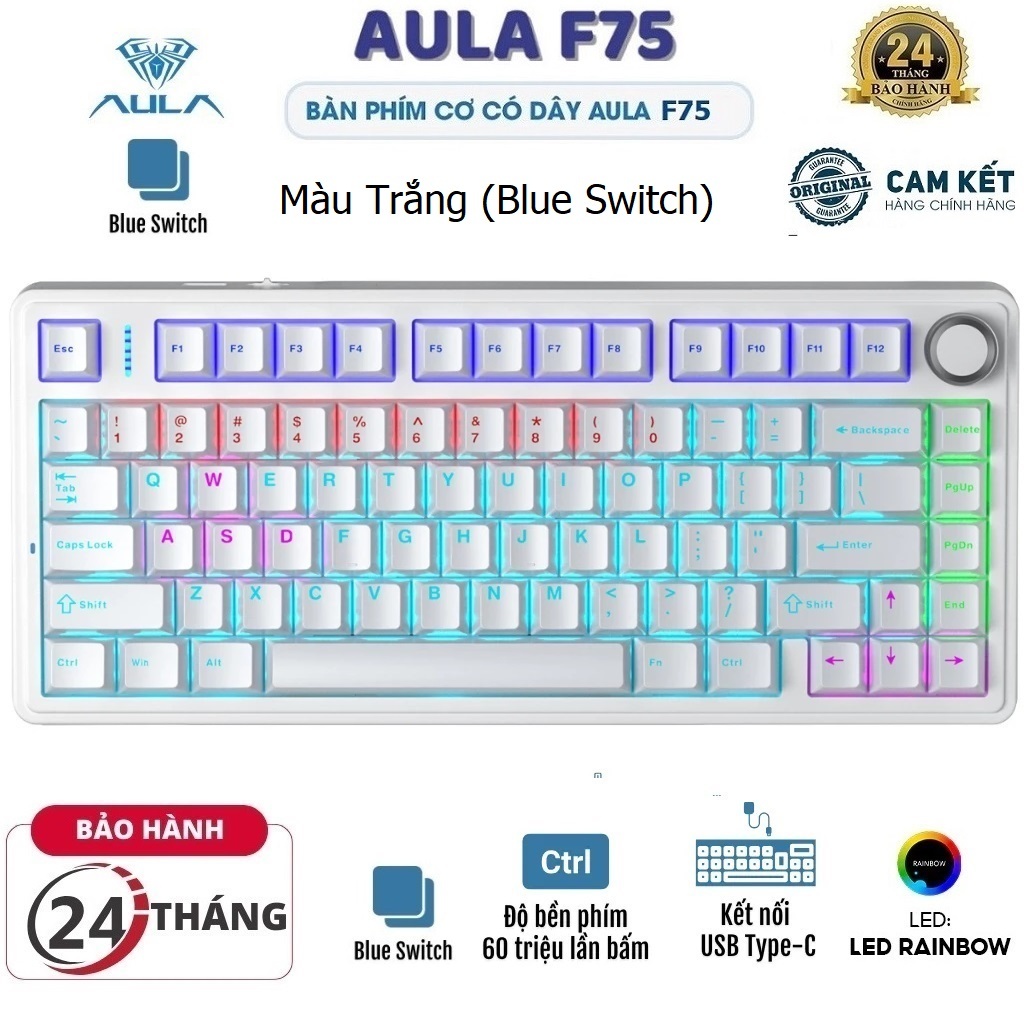 Bàn phím cơ Gaming có Dây chính hãng AULA F75 1Mode Đèn nền Led Rainbow, Hotswap 5 pin, Núm xoay (Mà