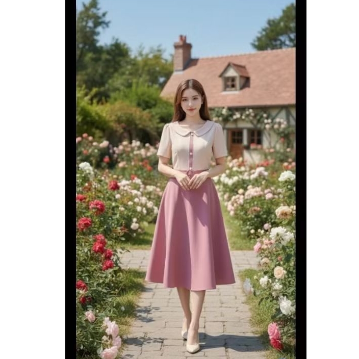 Đầm phối màu be-hồng cổ sen Linh Chi House