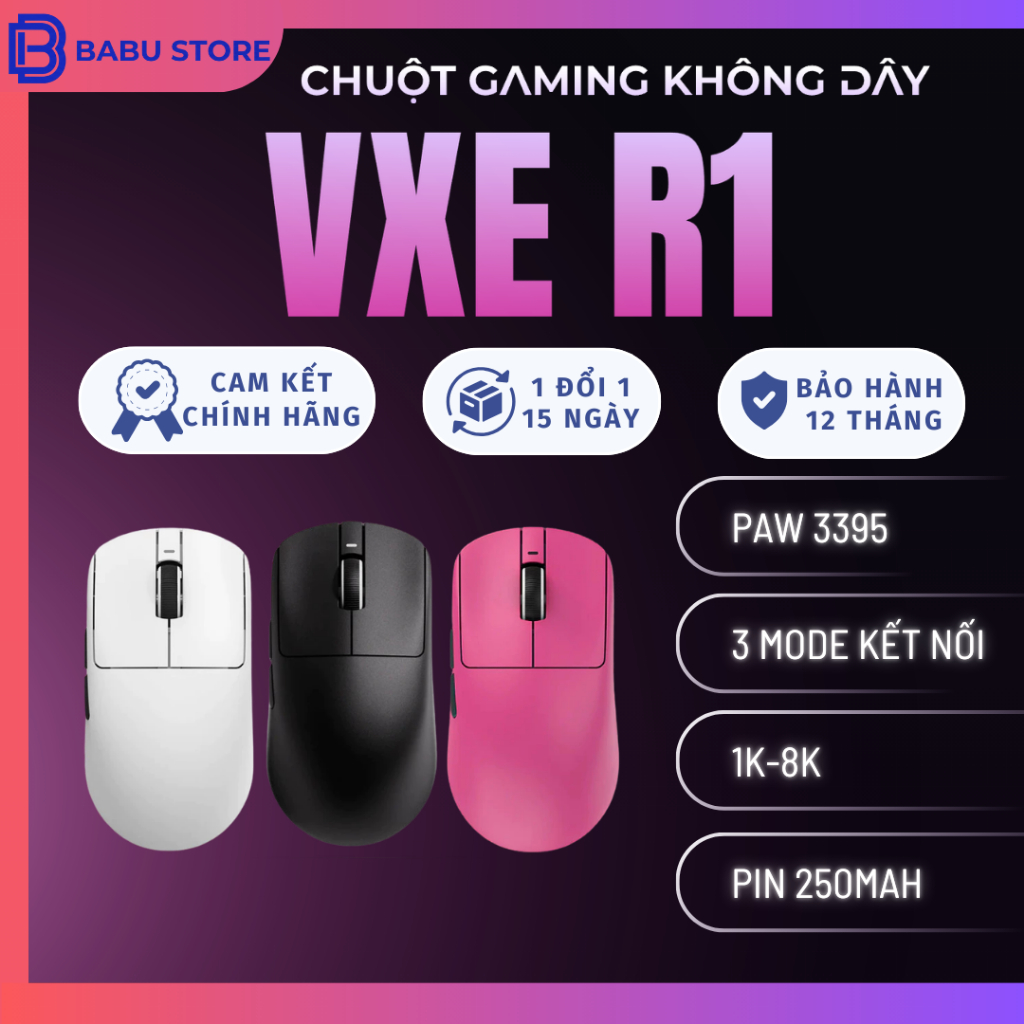 Chuột không dây VXE R1 SE - R1 SE Plus -3 chế độ kết nối - Chuột gaming giá rẻ dùng cho PC, laptop