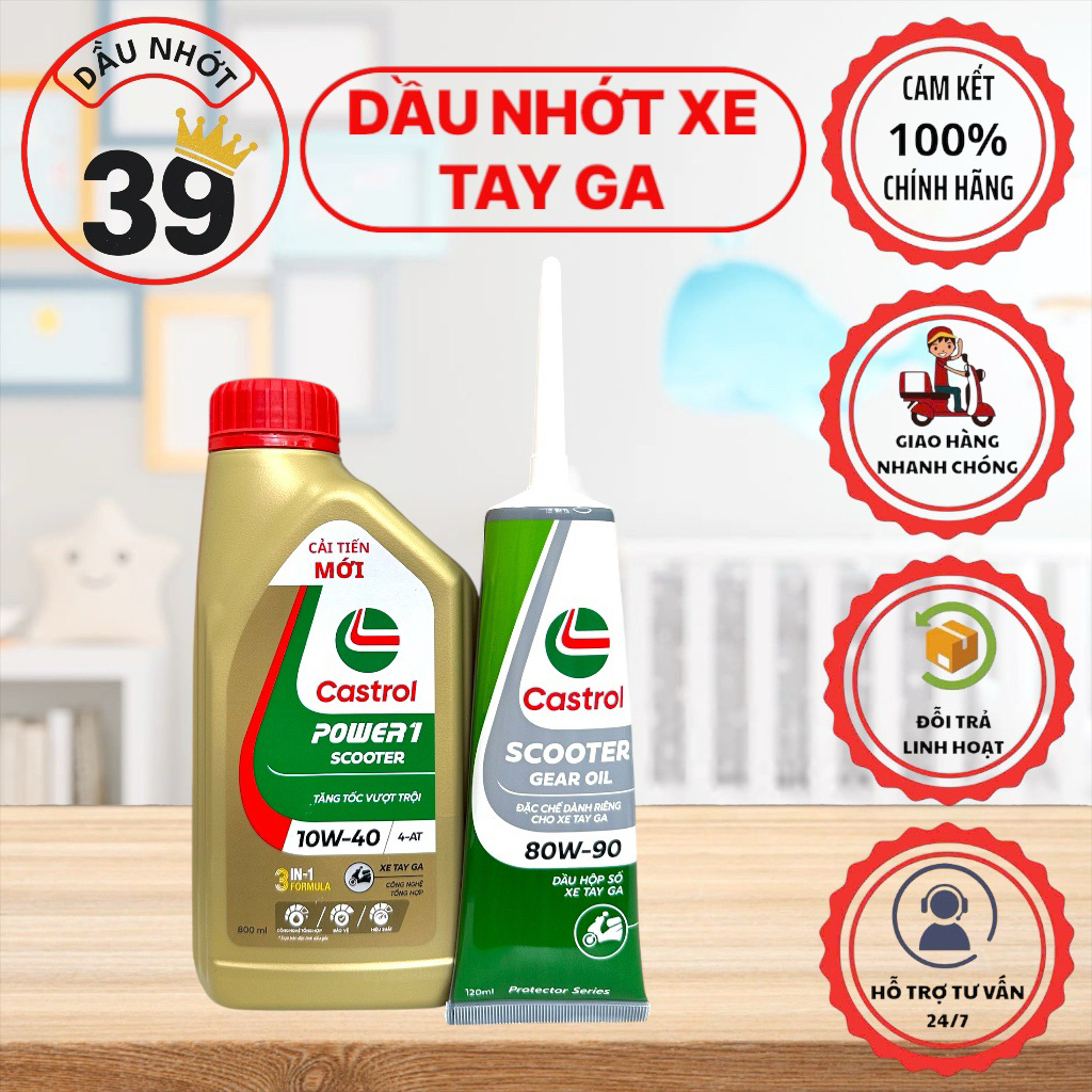 Combo dầu nhớt xe tay ga Chính Hãng CASTROL POWER1 SCOOTER 10W40 + nhớt hộp số CASTROL 80W90>>[CAM K