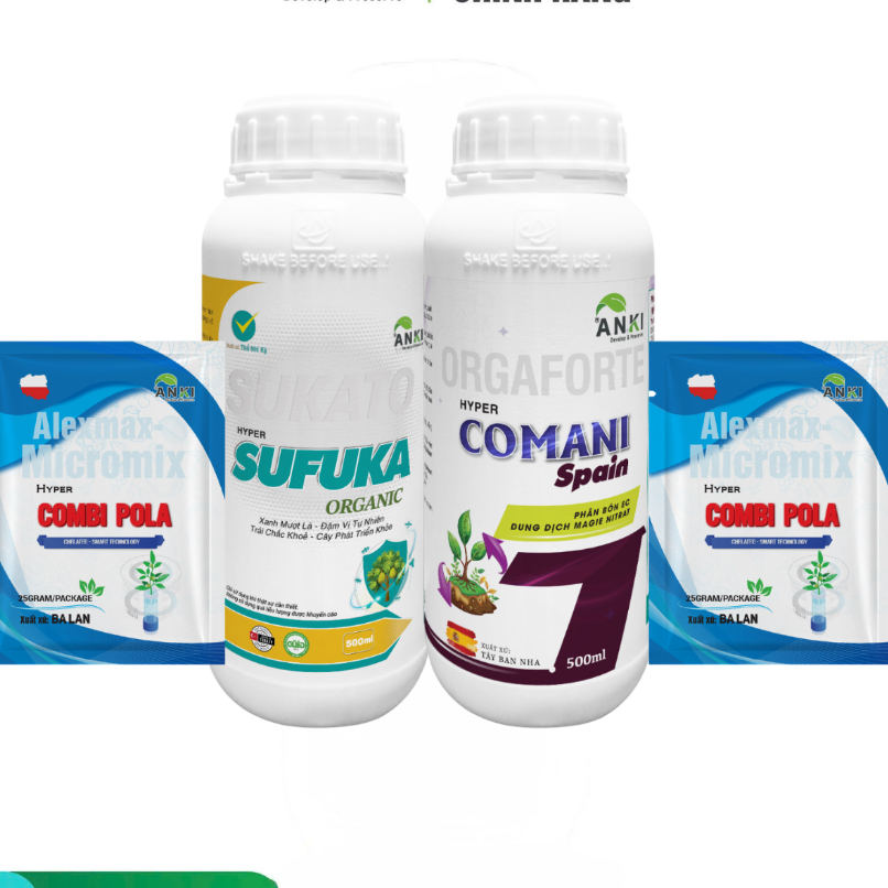 Bộ phân bón " SUFUKA + COMANI + 2 COMBI POLA" xử lý đỏ gai, vàng gai, to trái, ANKI