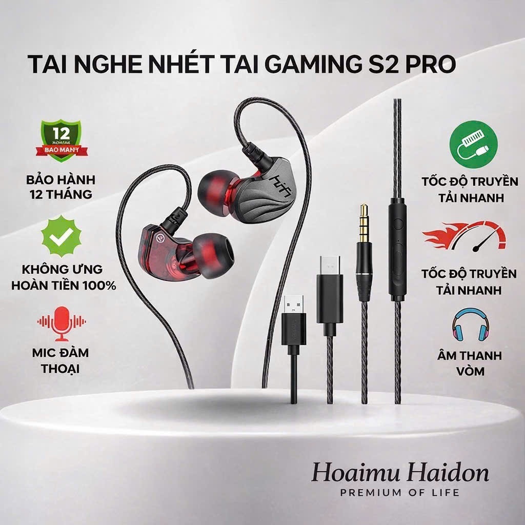 Tai nghe gaming có dây nhét tai S2000, tai phone chơi game chống ồn điện thoại , laptop , máy tính
