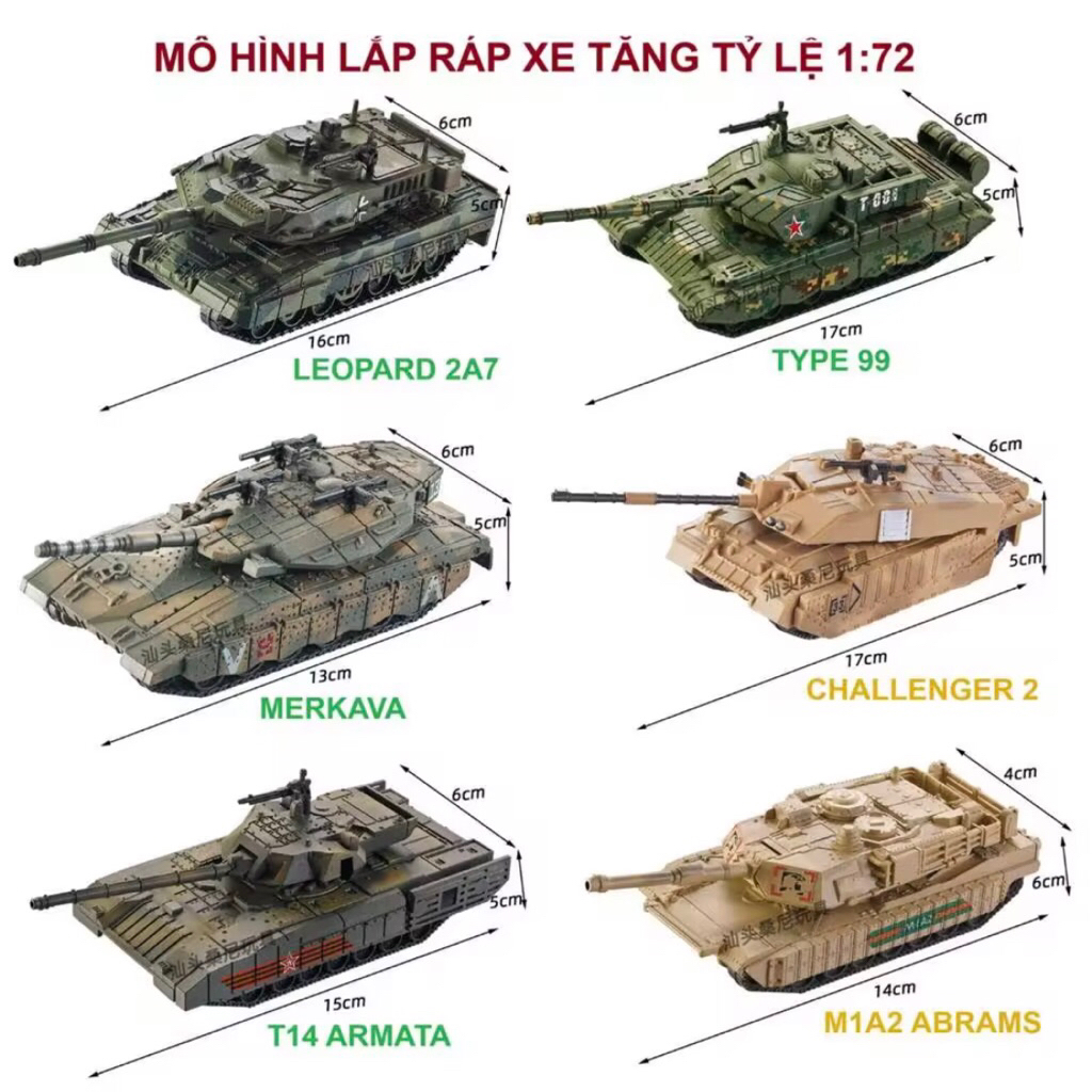Mô hình lắp ráp Xuja tỷ lệ 1:72 - Xe tăng Leopard 2A7,Challenger 2,Type 99,Merkava,M1A2 Abrams,T-14 