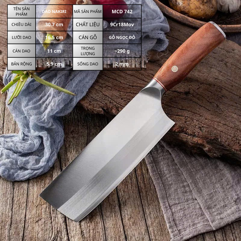Dao Thái Nakiri Thép 3 Lớp Công Nghệ Rèn Nhật Bản Siêu Bén Thép Không Gỉ 9Cr18Mov Cao Cấp