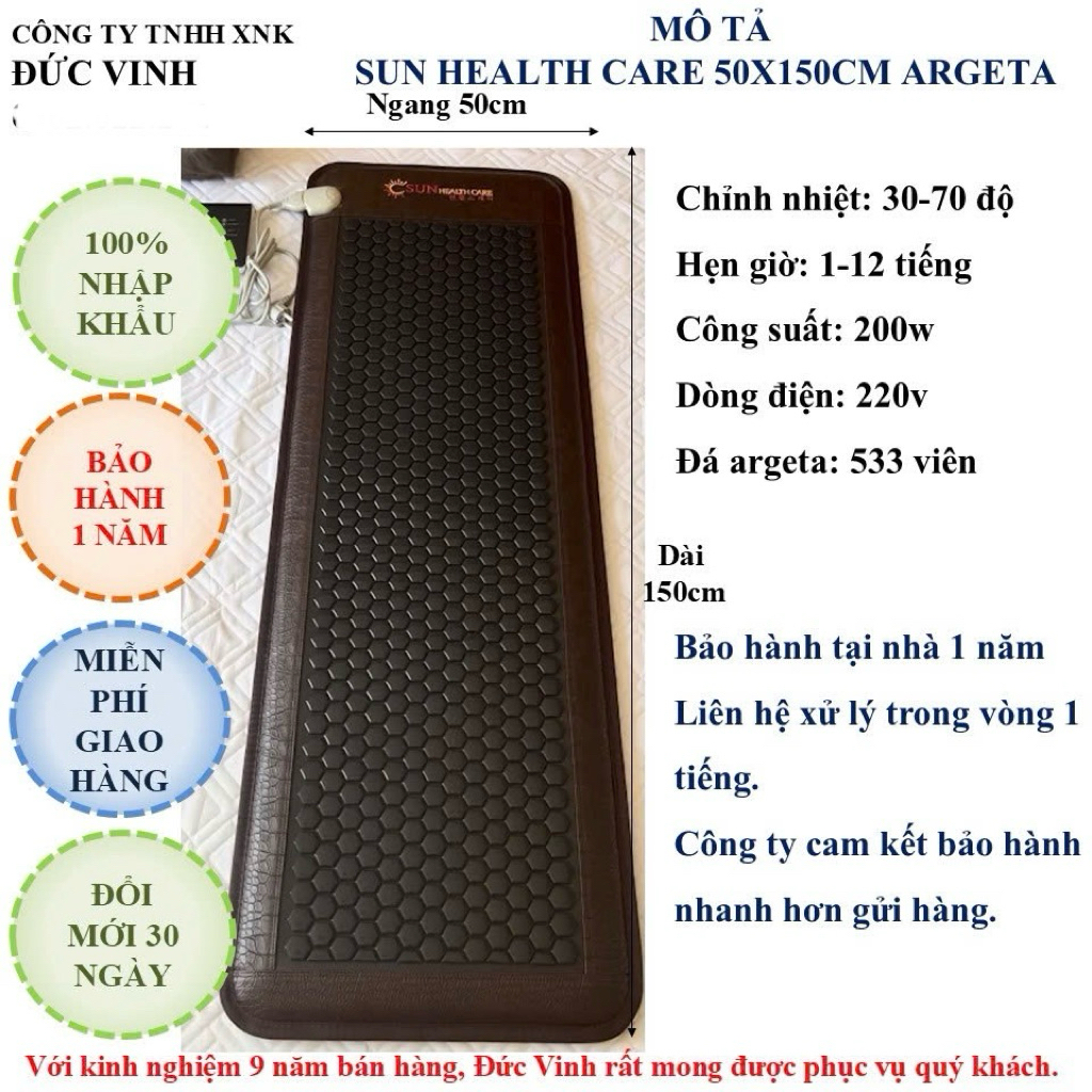 Thảm đá nóng Sun Health Care kích thước 50x150 đá lục giác argeta