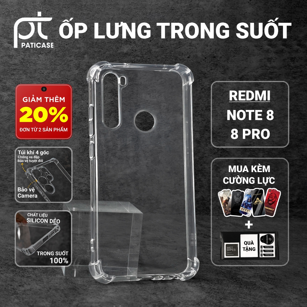 Ốp lưng Redmi Note 8, 8 Pro Paticase trơn trong suốt | Ốp điện thoại Xiaomi dẻo bảo vệ camera đt toàn diện