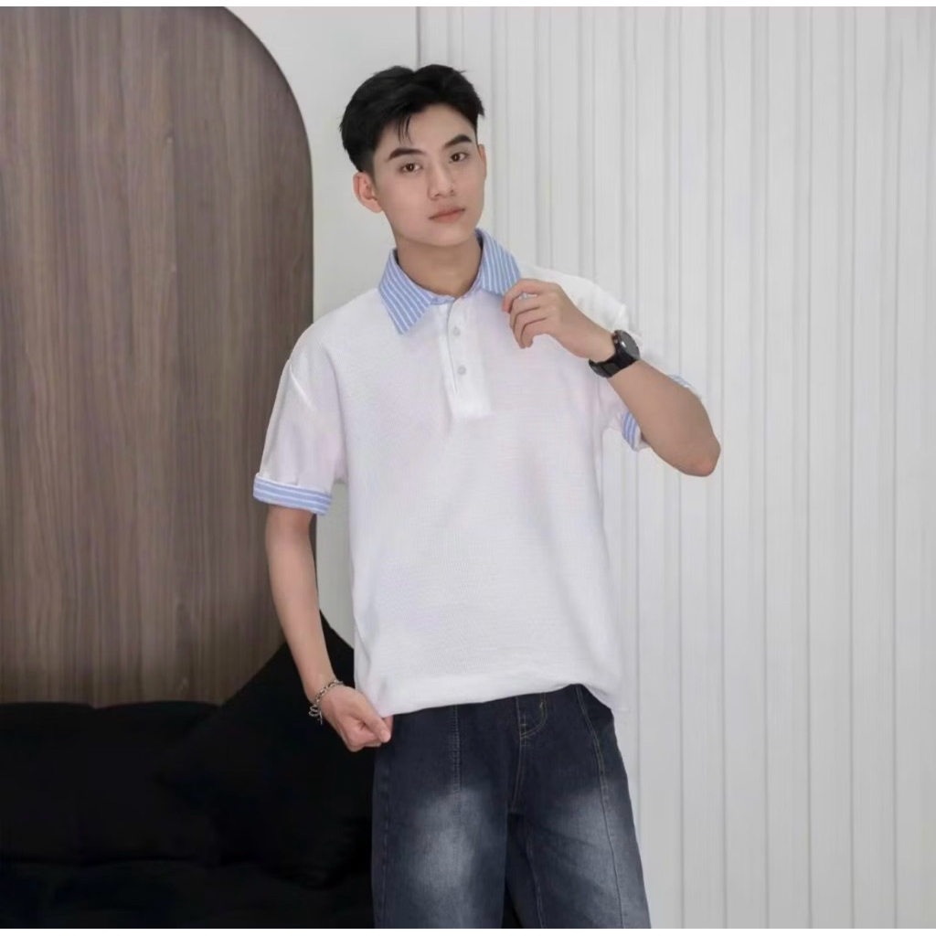 Áo Polo Ngắn Tay Phối Sơ Mi ZONEF STUDIO Kẻ Sọc Xanh Cổ Bẻ Nam Nữ Unisex Vải Cotton Tổ Ong Cao Cấp T