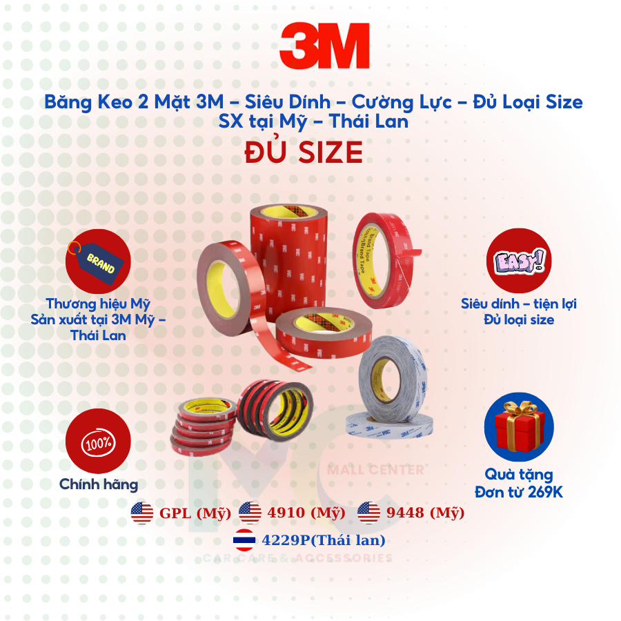 Băng Dính 3M - Băng Keo 2 Mặt 3M - Siêu Dính - Cường Lực - Đủ Loại Size