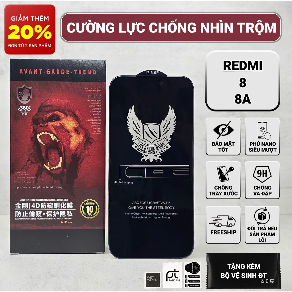 Cường lực Redmi 8, 8A chống nhìn trộm Paticase full màn | Miếng kính dán bảo vệ màn hình cho Xiaomi 