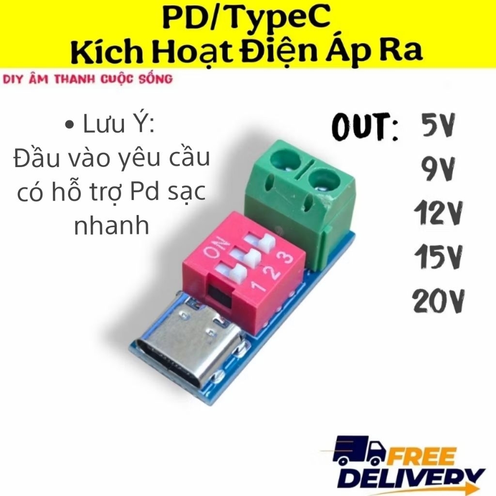 Mạch PD Usb TypeC Kích Hoạt Tăng Điện Áp Ra 5V 9V 12V 15V 20V 100W Diy -