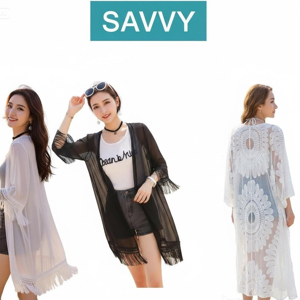 Áo Cardigan Choàng  Đi biển Bikini Dáng Dài Voan, Kimono Mỏng Kiểu Hàn Quốc SAVVY