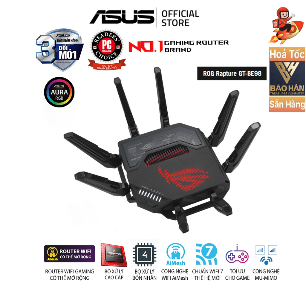 (NEW) Bộ phát Wifi ASUS ROG Rapture GT - BE98 Gaming Router, MESH WI-FI 7 (802.11be), 4 Băng tần - H