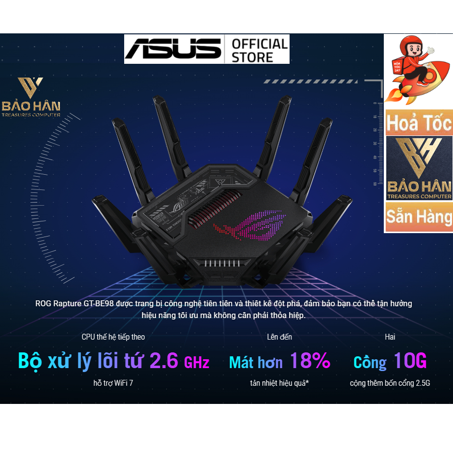 Bộ Phát Wifi ASUS ROG Rapture GT - BE98 Gaming Router, WI-FI 7 (802.11be), MESH - Hàng Chính Hãng