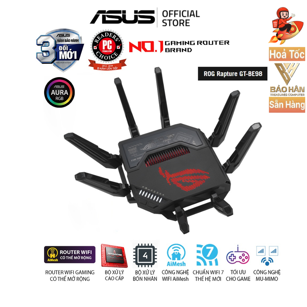 (NEW) Thiết Bị Phát Wifi ASUS ROG Rapture GT - BE98 Gaming Router, MESH WI-FI 7 (802.11be) - Hàng Ch
