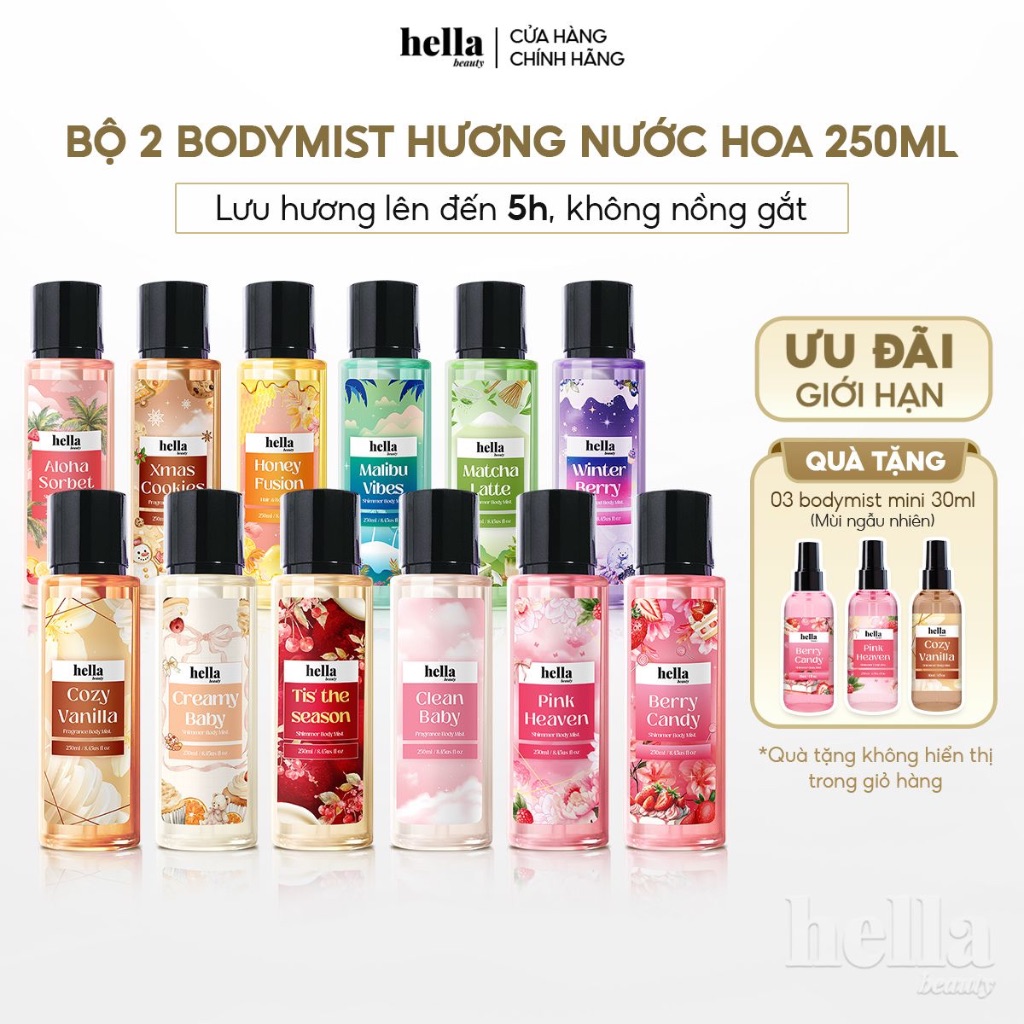 Bộ 2 xịt thơm body mist hương nước hoa Hella Beauty 250ml lưu hương lâu, an toàn cho da nhạy cảm