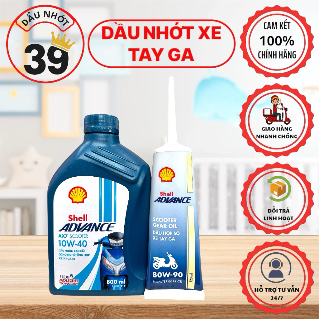 Combo nhớt xe tay ga Chính Hãng SHELL ADVANCE AX7 SCOOTER 10W40 800ml+nhớt hộp số SHELL 80W90>>[CAM 