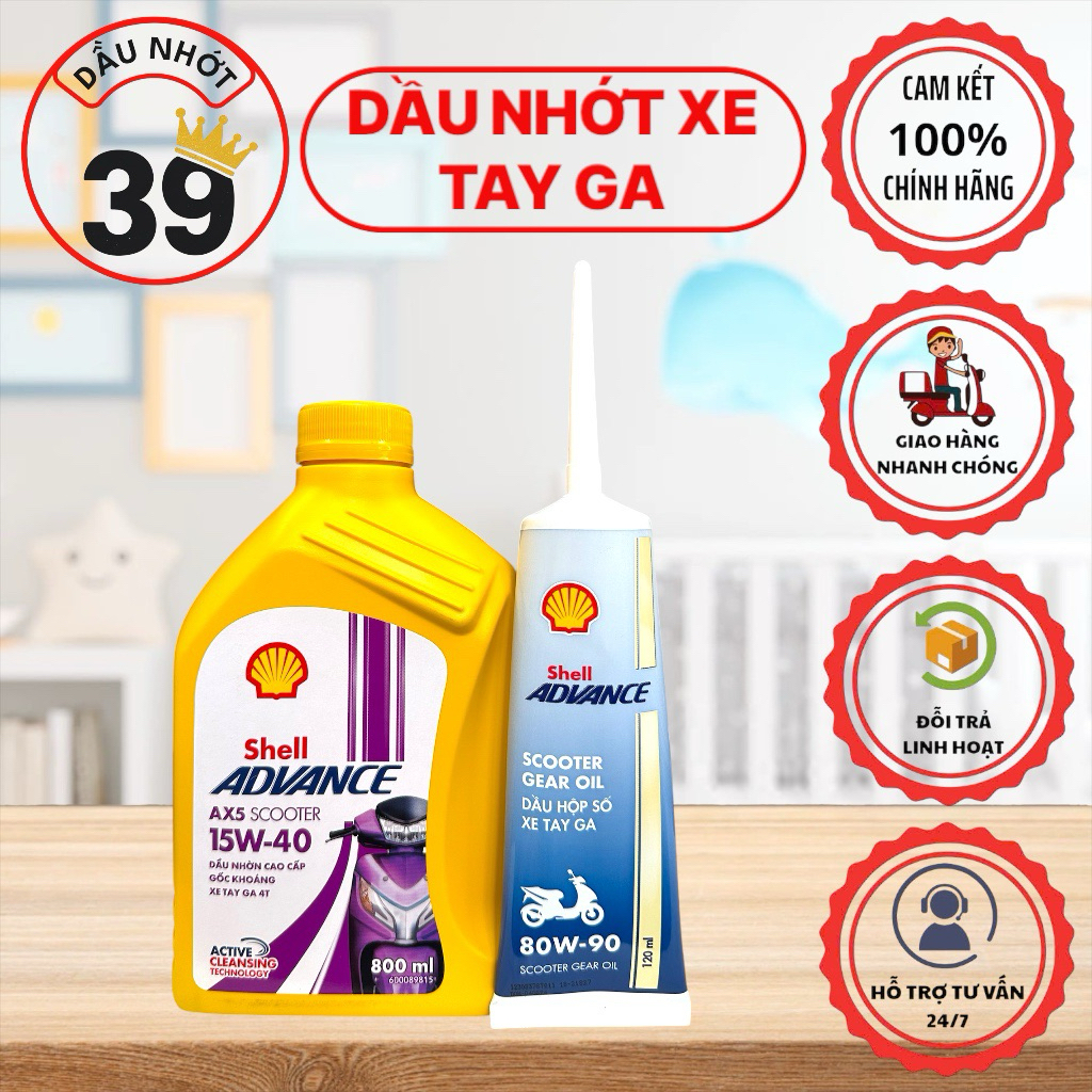 Combo nhớt xe tay ga Chính Hãng SHELL ADVANCE AX5 SCOOTER 15W40 800ml+Nhớt hộp số SHELL 80W90>>[CAM 