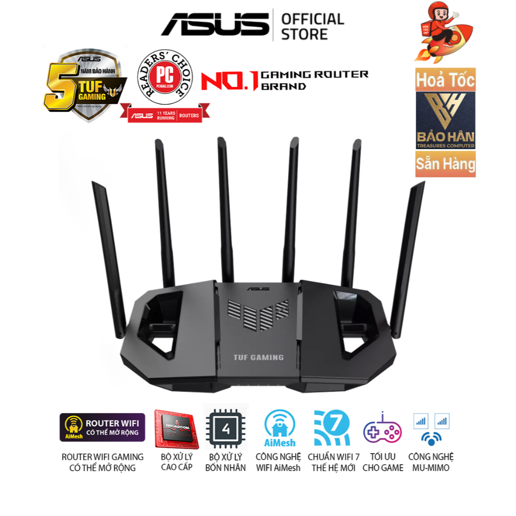 (NEW) Bộ Phát WIFI 7 Asus Gaming Router TUF-BE6500, MESH WI-FI 7 (802.11be), 2 Băng Tần - Hàng Chính