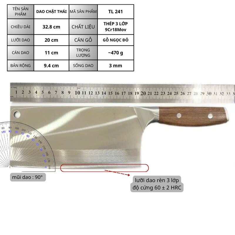 Dao Chặt Xương Sườn - Chặt Gà Vịt Cá - Thép 9cr18mov Rèn 3 Lớp không gỉ Mã TL241