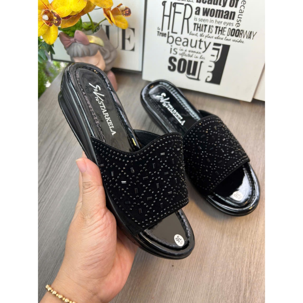 (Size 36-43)Dép cho bà đế xuồng 3cm đá đen siêu bền êm, dép cho mẹ