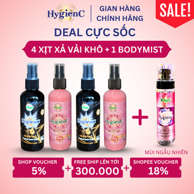 Combo 5: 4 Chai Xịt Vải Khô 100 ML + 1 Chai Xịt Cơ Thể Bodymist 105 ML (Thương Hiệu Hygienc Plus)