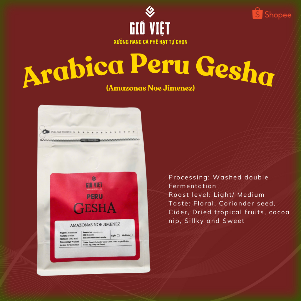 Cà Phê Nhập Khẩu Cà phê Arabica Peru Gesha - Floral, Dried tropical fruits - 250gram