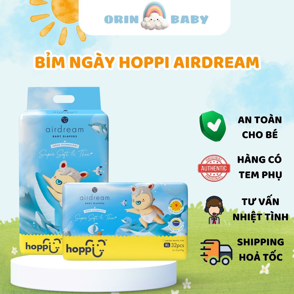 Bỉm Hoppi AirDream Singapor Mỏng Nhẹ Thấm Hút Tốt Đủ Size Từ NB đến XXL Cho Bé 6-25kg - Orin Baby St