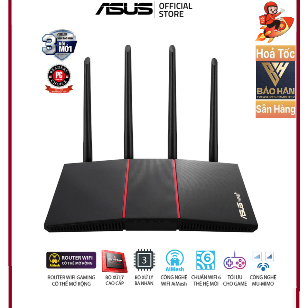 Router Wifi Asus RT-AX55 Chuẩn AX1800 Dual Band WiFi 6 (router WiFi có thể mở rộng) - Hàng Chính Hãn