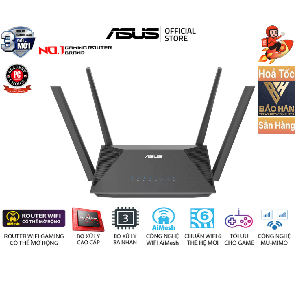 Router WIFI 6 ASUS RT-AX52 AX1800 Dual Band (Router WiFi có thể mở rộng) - Hàng Chính Hãng