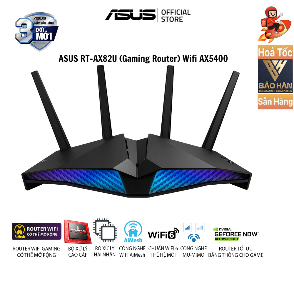 Router Wifi 6(802.11ax) ASUS AURA RGB RT-AX82U Hai Băng Tần, Chuẩn AX5400 (router WiFi có thể mở rộn
