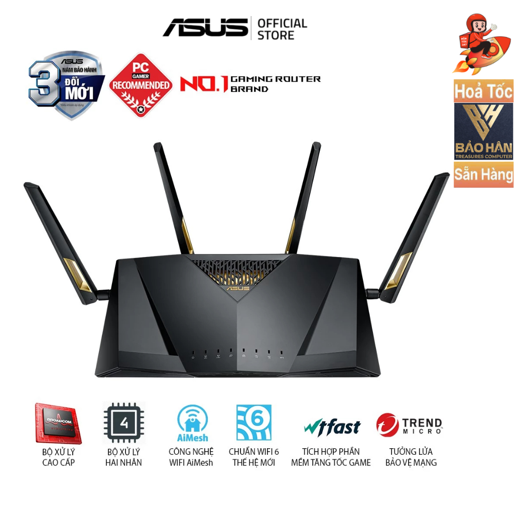 Router Wifi ASUS RT-AX88U Hai Băng Tần, Chuẩn AX6000 (Chuyên Cho Gaming, 4K Streaming)- Hàng Chính H