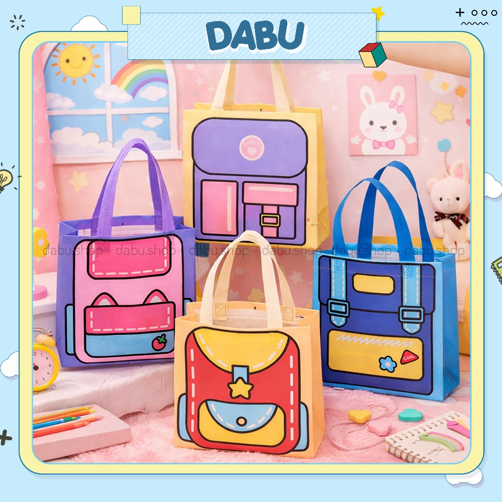 Túi vải đựng quà tặng có quai túi quà sinh nhật DABU hình dễ thương size 22 x 9 x 22 cm