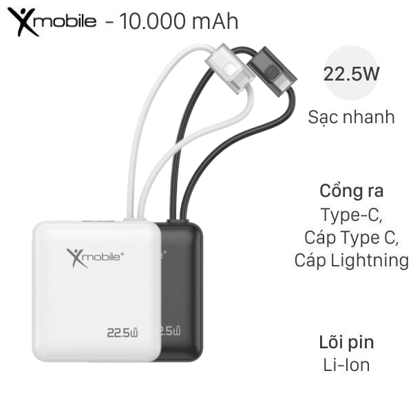 [HỎA TỐC] Pin sạc dự phòng 10000mAh Type C PD 22.5W Xmobile H19 kèm Cáp Lightning và Type C Chính Hã