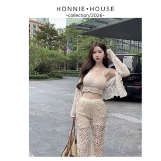 Set áo ren sợi móc 3 món bra lượn sóng mix quần loe và khoác khuy mỏng