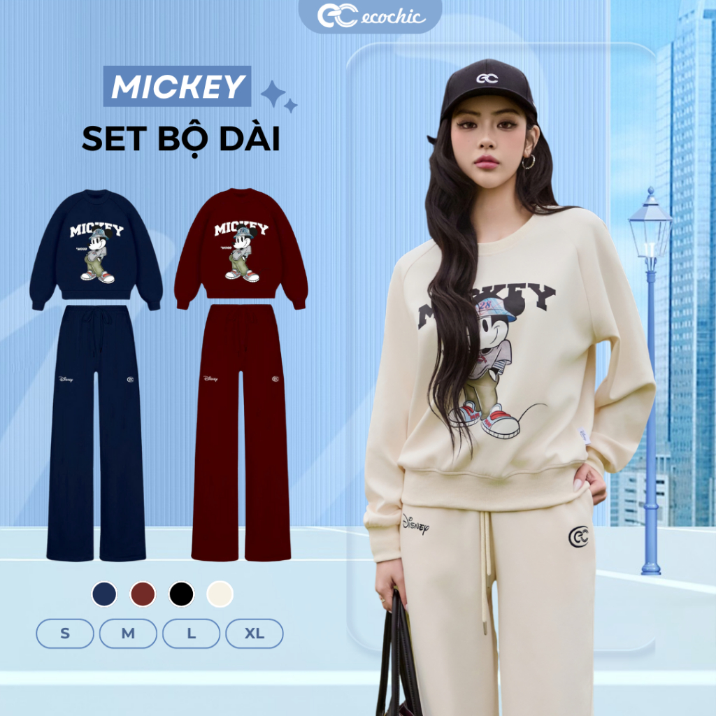 Set bộ MICKEY ECOCHIC Áo Sweater Quần Ống Suông Dây Rút Thời Trang Chất Liệu Cao Cấp Chính Hãng SD00