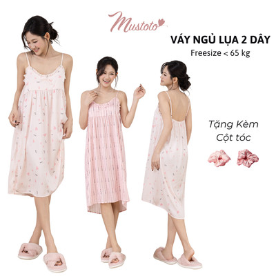 [Tặng Dây Cột Tóc Lụa]  MUSTOTO Váy Ngủ Lụa Hai Dây In Họa Tiết Freesize < 65 kg (MB58)