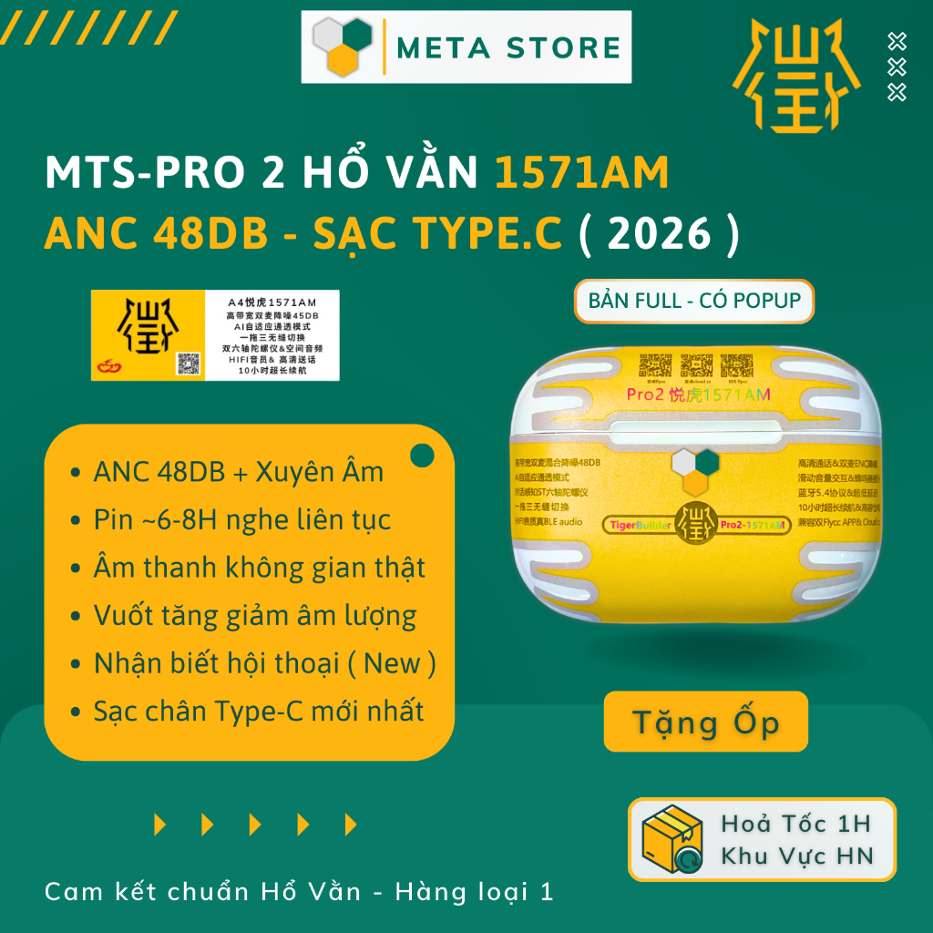 [ New Version ] Tai Nghe Bluetooth MTS-Pro 2 Hổ Vằn 1571AM Chống Ồn ANC 48DB, Adaptive Nhận Biết Hội