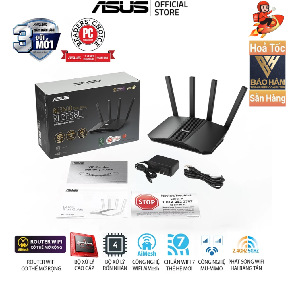 Router Wifi 7 Asus RT-BE58U BE3600 AiMesh Extendable Router, 4K-QAM, MLO, AI Detection 2.5G Port - H
