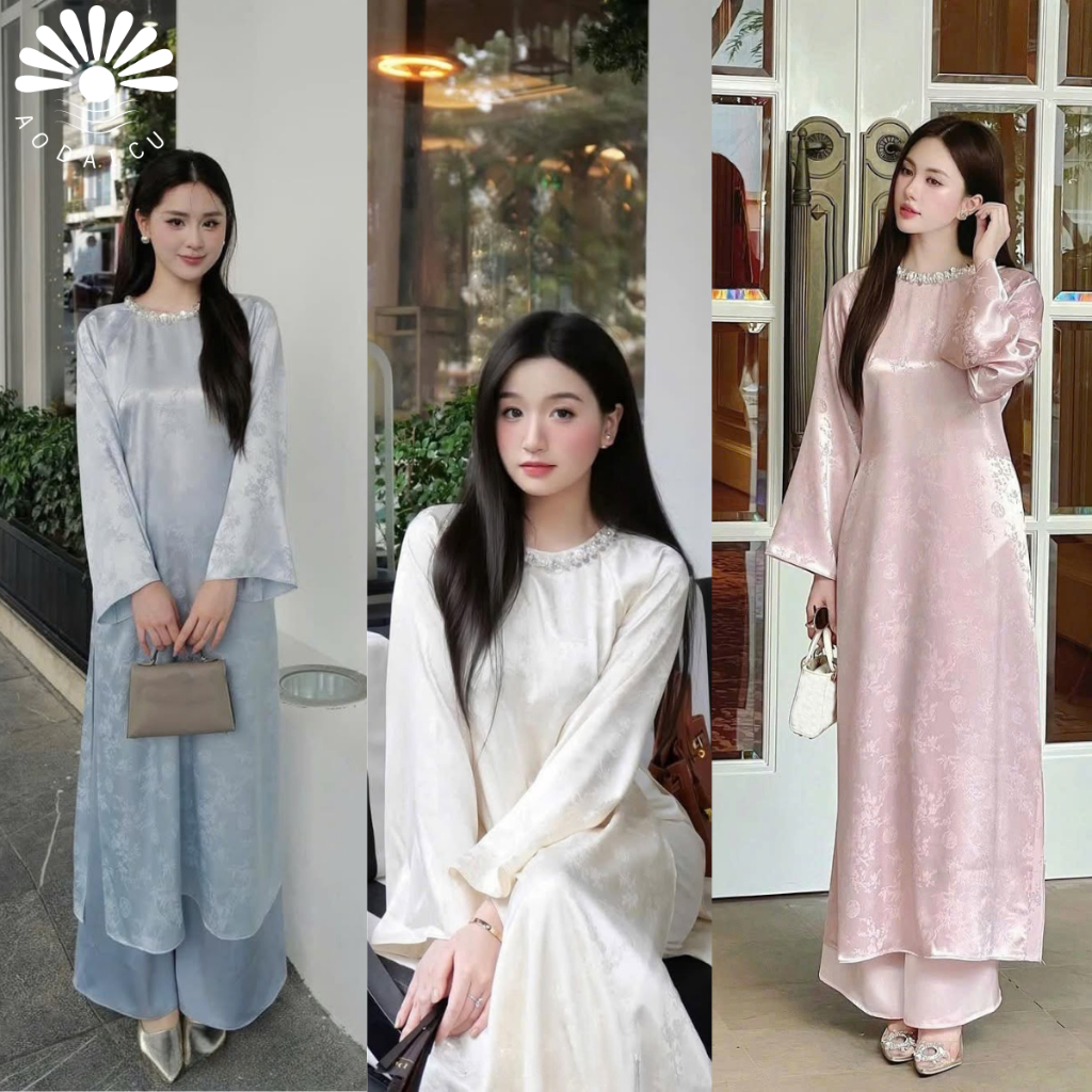 Áo dài cách tân dáng suông Chiêu Giao , Châu Sa , đính kết vòng ngọc viền cổ cao cấp - Áo Dài