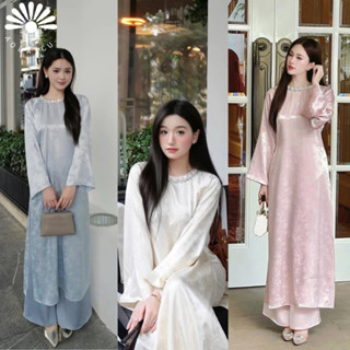 Áo dài cách tân dáng suông Chiêu Giao , Châu Sa , đính kết vòng ngọc viền cổ cao cấp - Áo Dài